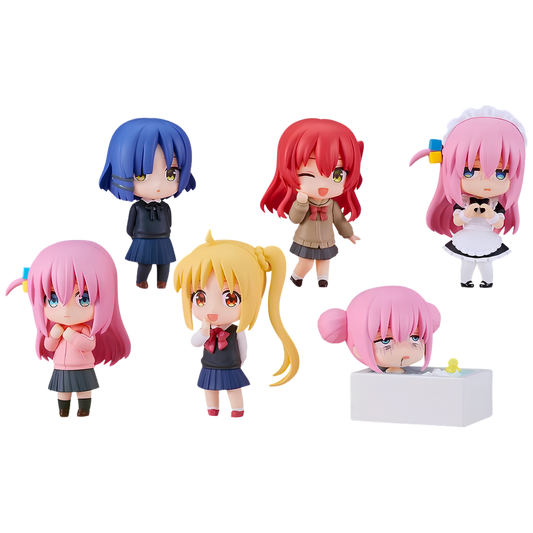 Six chibi anime figurines from Nendoroid on a plain white background, including characters with pink, blue, red, and yellow hair in various school and domestic outfits.