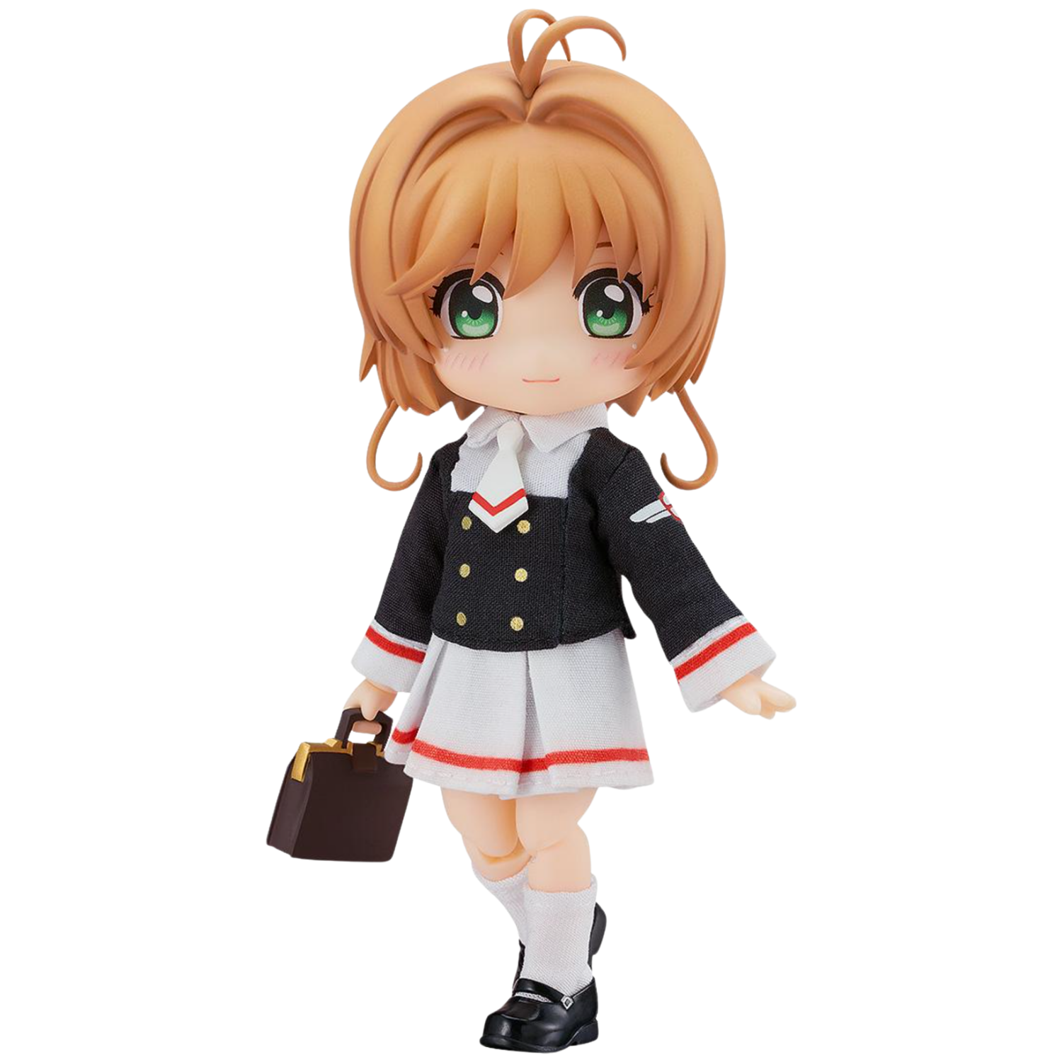 Anime character figurine in a school uniform holding a briefcase on a white background