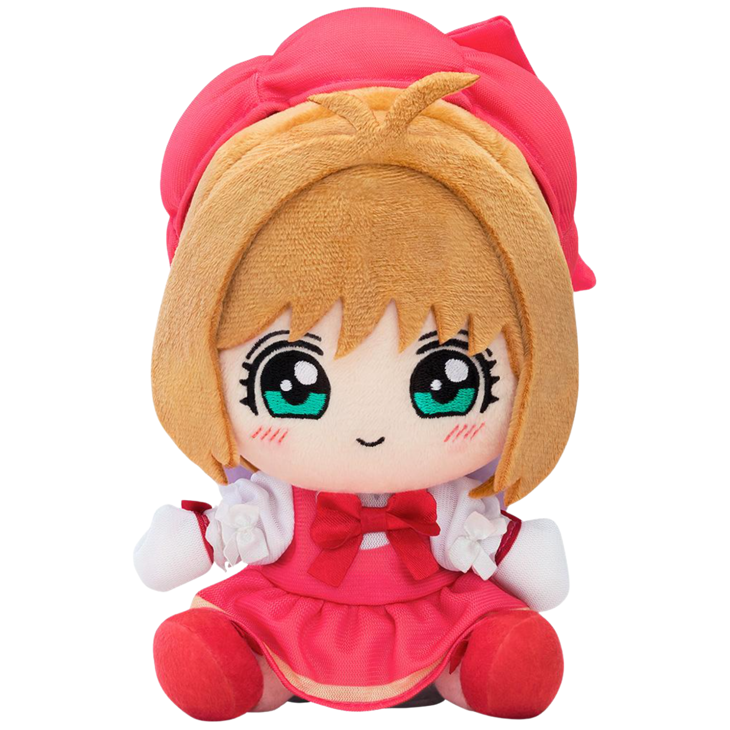 Plush toy of a character with blonde hair and green eyes, wearing a red outfit on a white background
