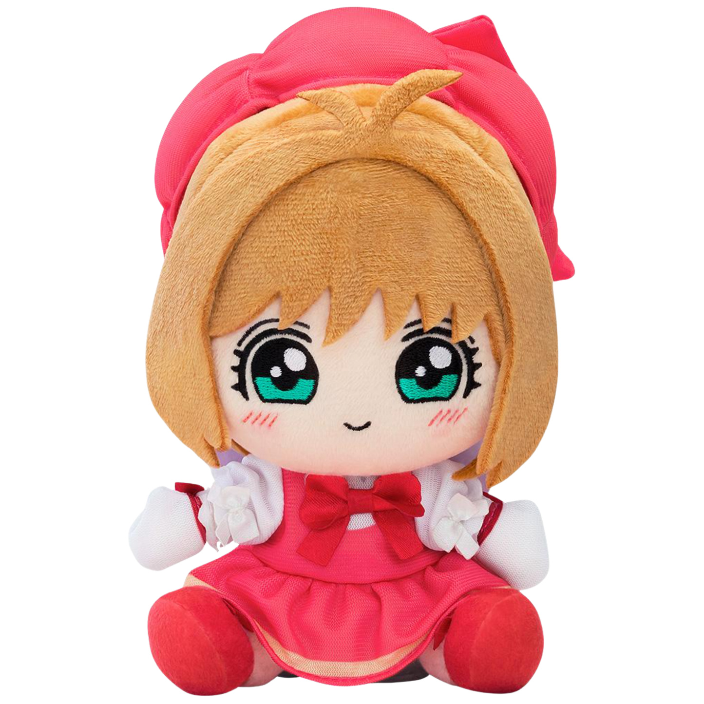 Plush toy of a character with blonde hair and green eyes, wearing a red outfit on a white background
