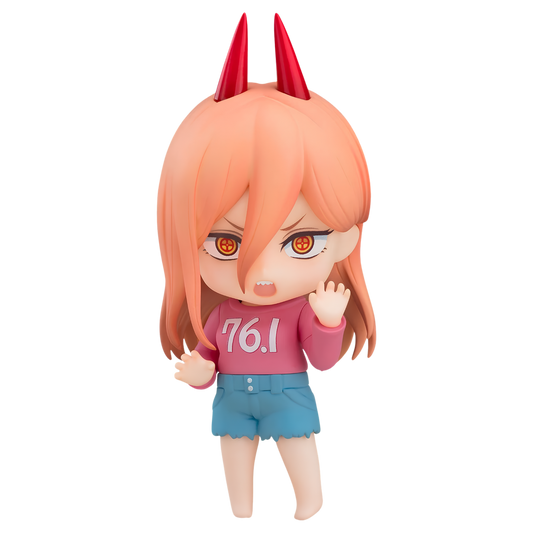 Chibi, small anime figure with a pink shirt, jean shorts, and two red horns