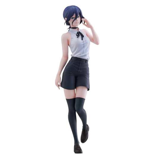 Anime character figurine wearing a white shirt and black shorts on a white background