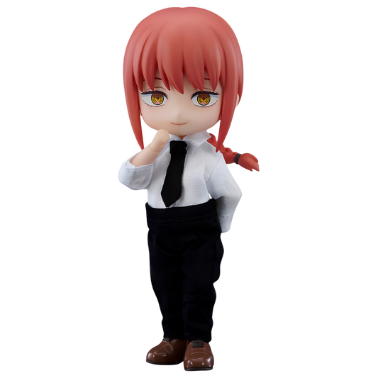 A chibi-style anime figure with bright pink hair, wearing a white shirt, black tie, black pants, and brown shoes, standing against a plain white background.