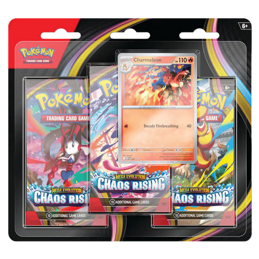 Pokémon trading card game packs with 'Chaos Rising' theme on a black background