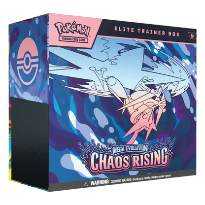 Pokémon Mega Evolution Chaos Rising Elite Trainer Box packaging with Pokémon logo.