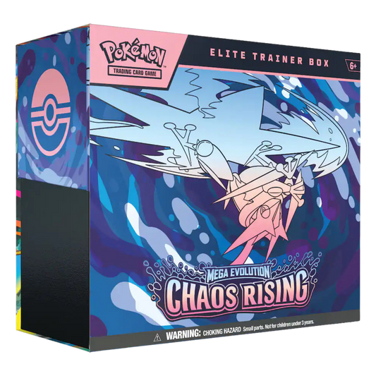 Pokémon Mega Evolution Chaos Rising Elite Trainer Box packaging with Pokémon logo.