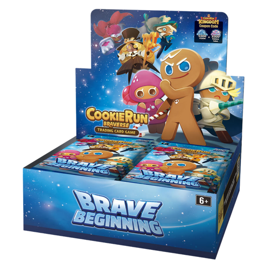 Cookie Run Braveverse trading card game packaging with characters on a blue background