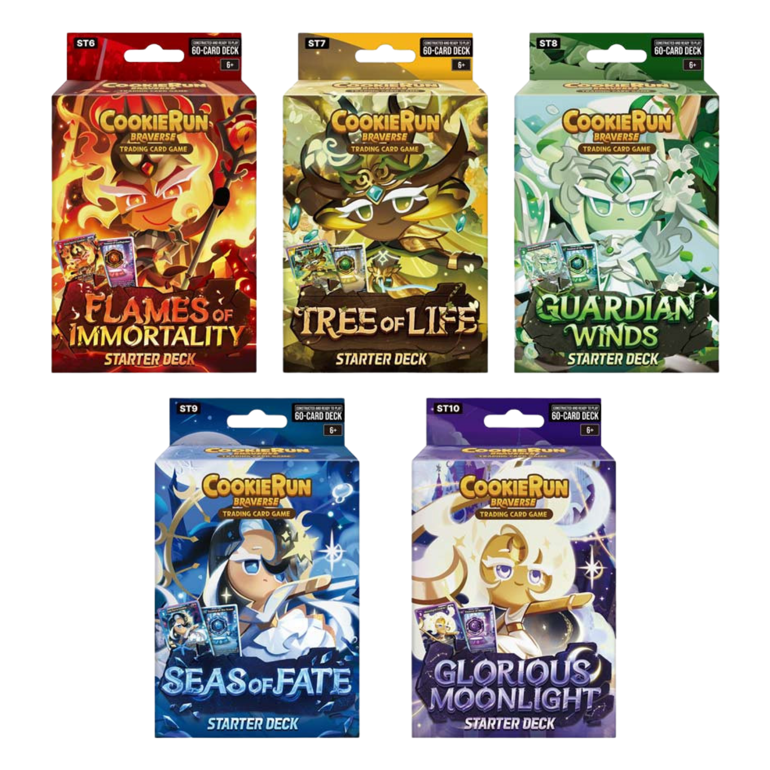Five 'Cookie Run' starter deck packaging on a white background