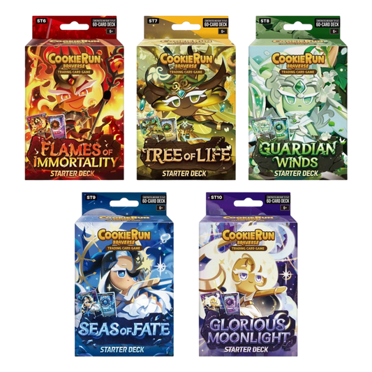 Five 'Cookie Run' starter deck packaging on a white background