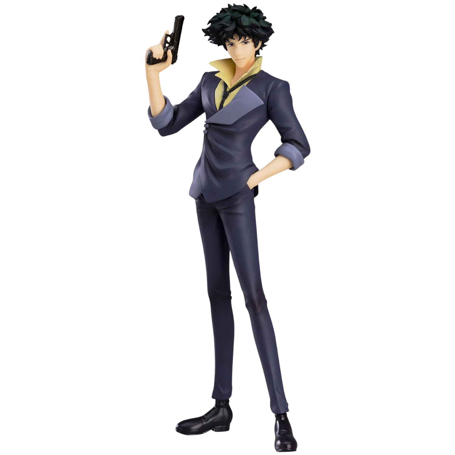 Action figure in a suit holding a gun on a white background