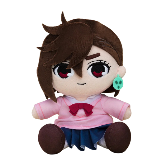 A plush doll with brown hair, large red eyes, wearing a pink top with a dark red bow, a dark blue skirt, and a small green skull earring, shown against a plain white background.