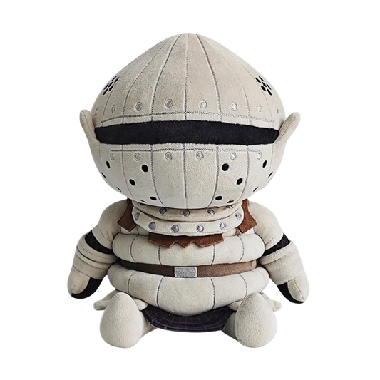 A plush toy of a stylized, rounded knight in plate armor, shown from the back against a plain white background.