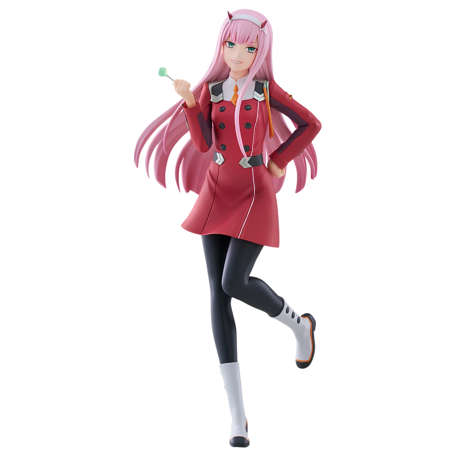 A full-body anime figurine of a pink-haired female character in a red coat, black leggings, white socks, and white boots, posed mid-step against a plain white background.