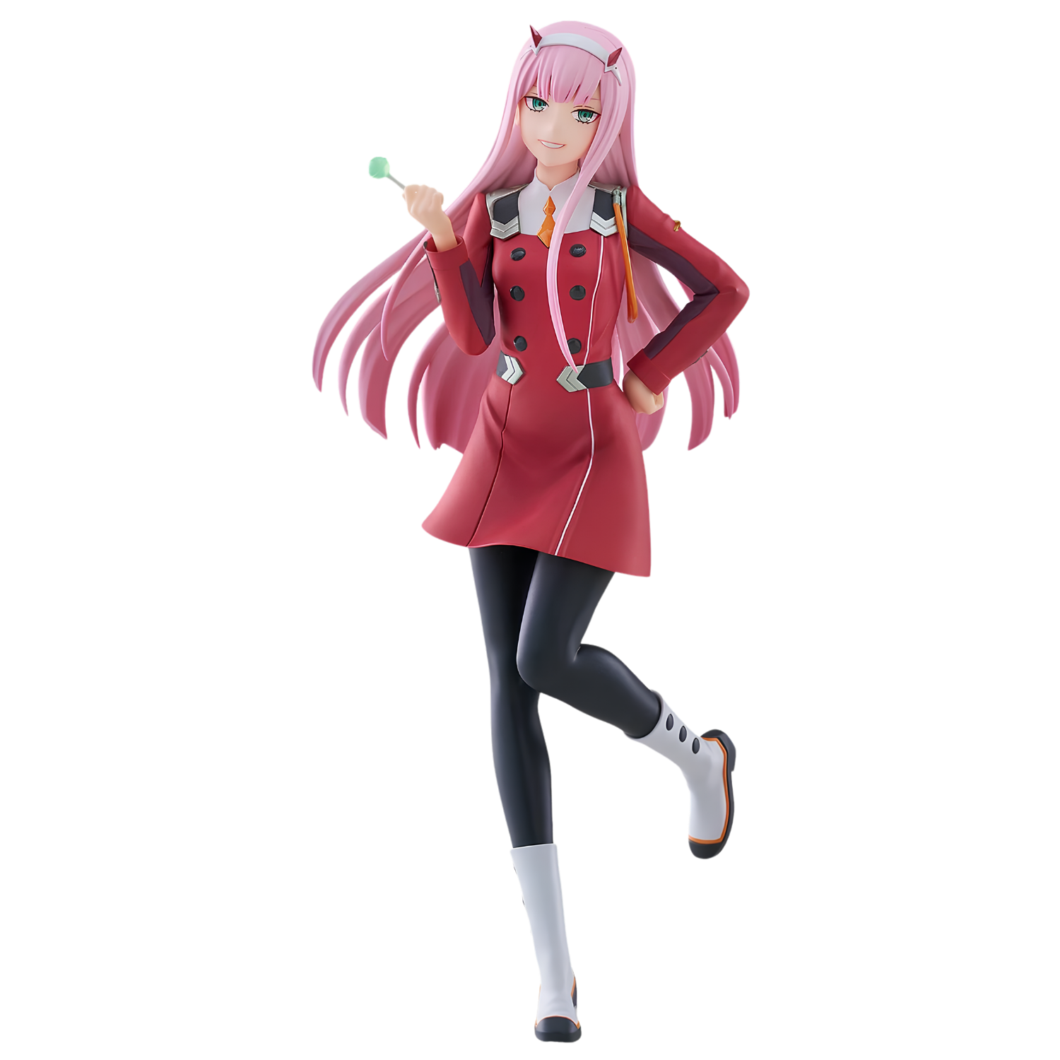 A full-body anime figurine of a pink-haired female character in a red coat, black leggings, white socks, and white boots, posed mid-step against a plain white background.