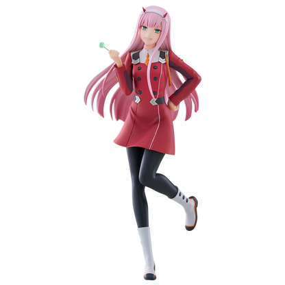 A full-body anime figurine of a pink-haired female character in a red coat, black leggings, white socks, and white boots, posed mid-step against a plain white background.
