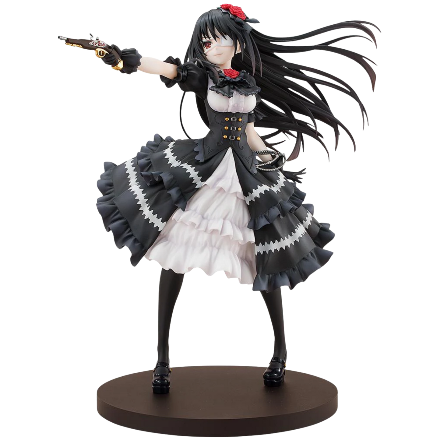 Anime character figurine in a black and white dress with long black hair on a white background