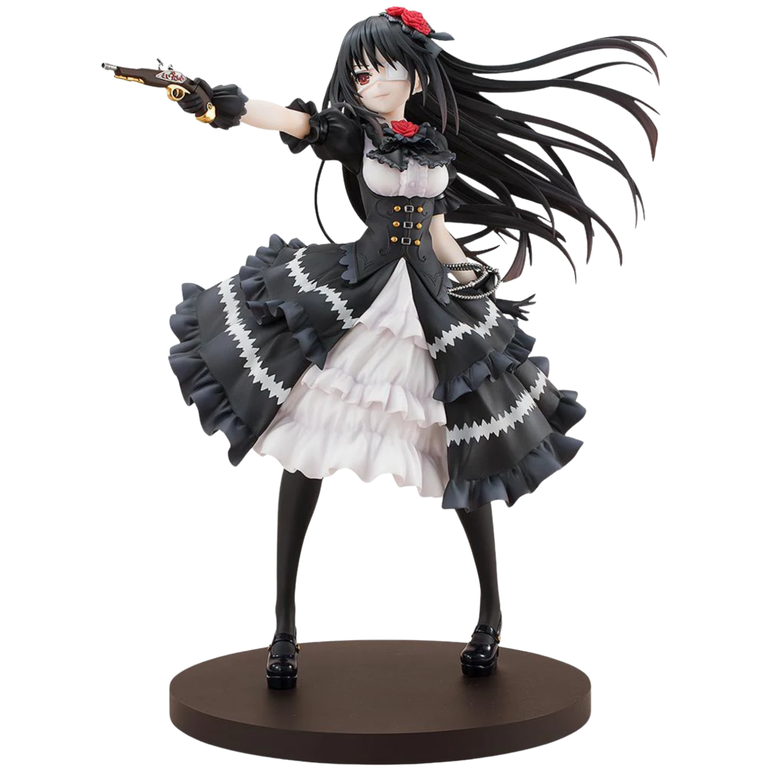 Anime character figurine in a black and white dress with long black hair on a white background