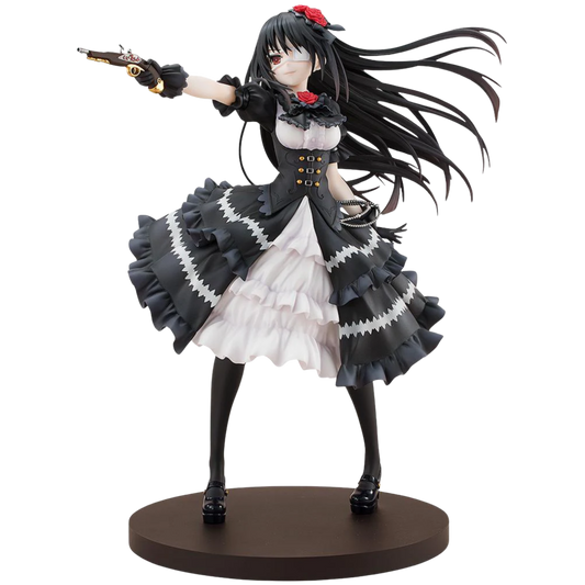 Anime character figurine in a black and white dress with long black hair on a white background