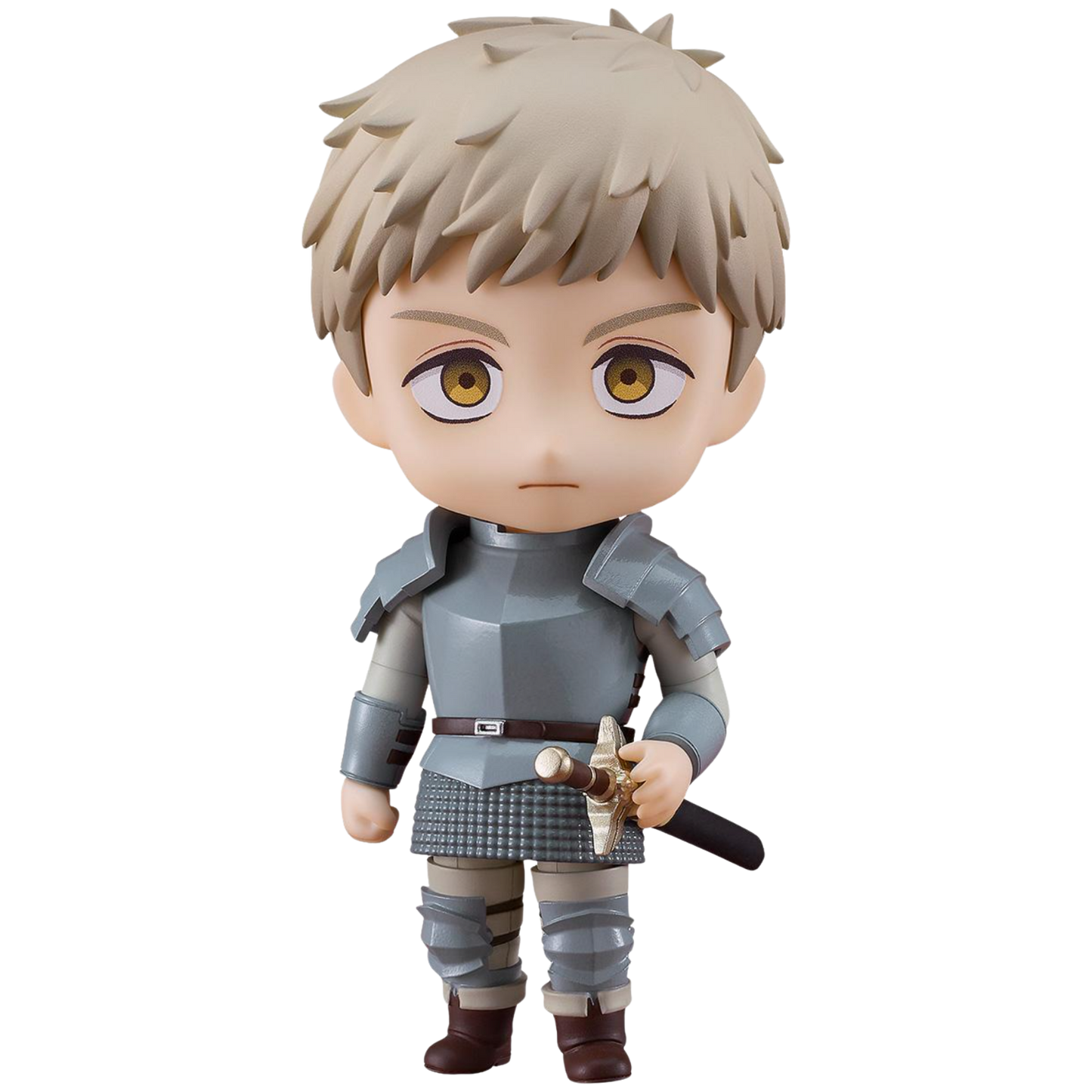 Toy figure of a character in armor holding a sword on a white background