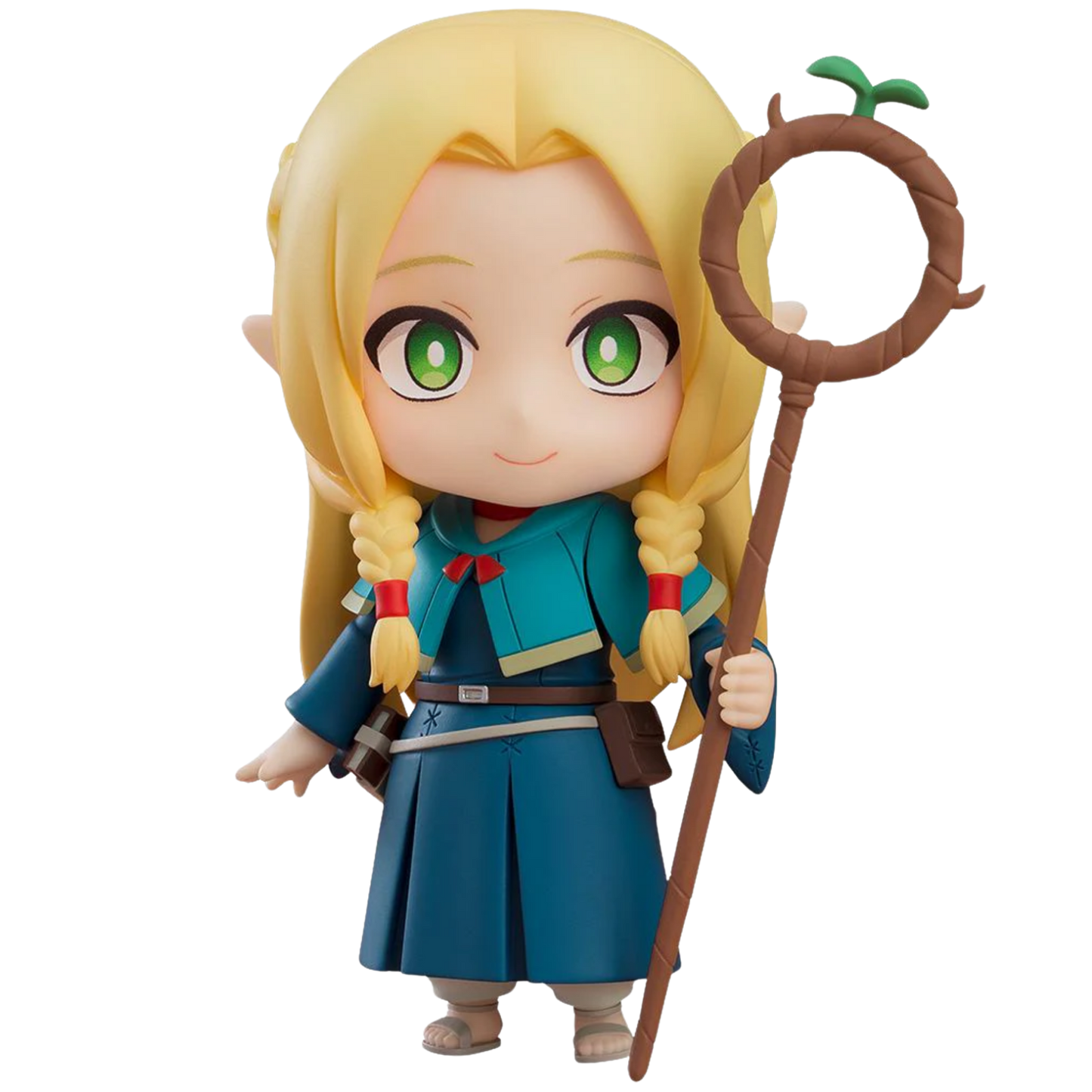Toy figure of a character with blonde hair and green eyes, holding a staff, on a white background.