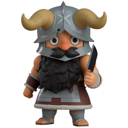 Cartoon-like character with a horned helmet and beard holding a sword on a white background