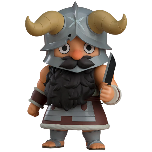 Cartoon-like character with a horned helmet and beard holding a sword on a white background
