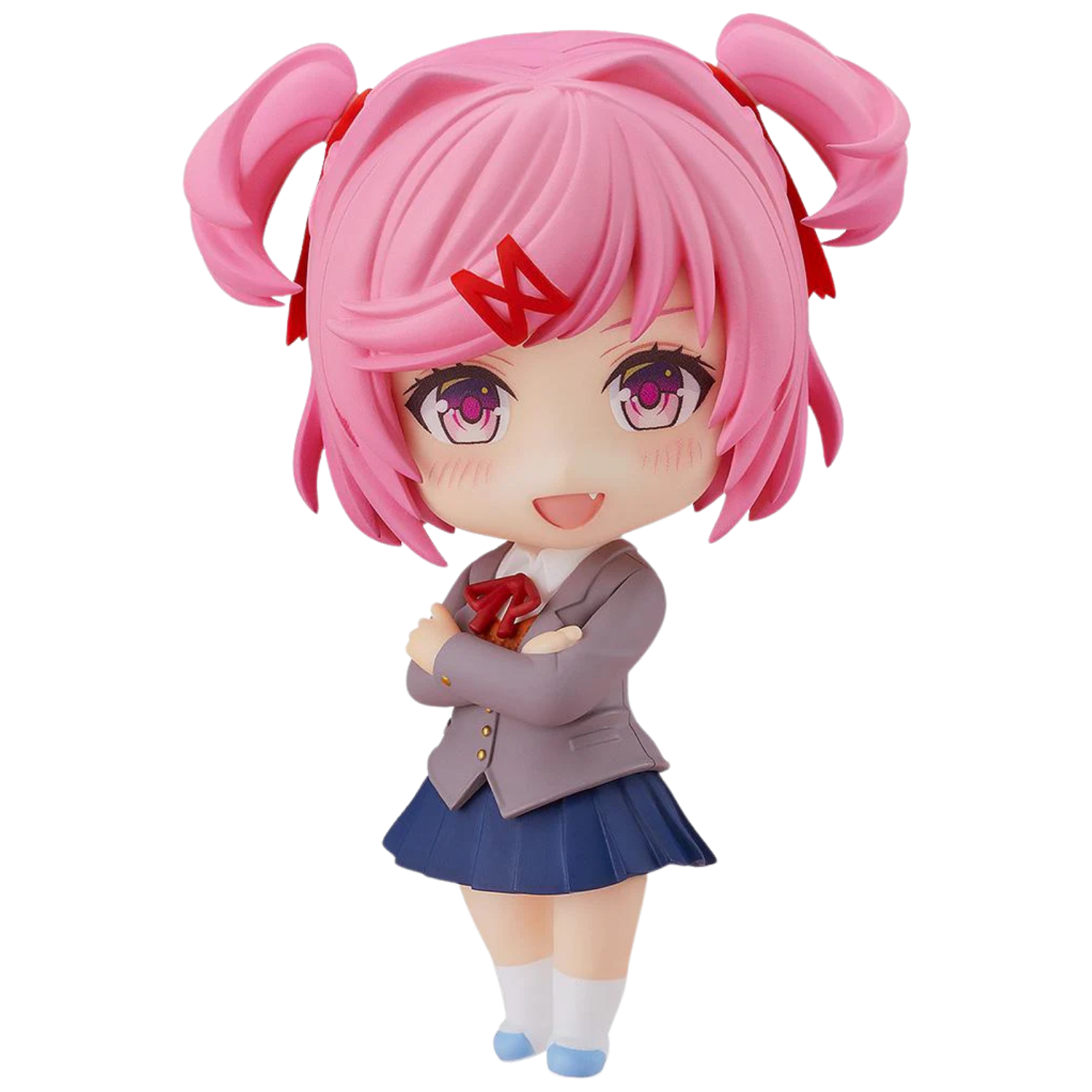 Anime character figurine with pink hair and a school uniform on a white background