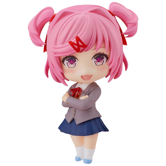 Anime character figurine with pink hair and a school uniform on a white background