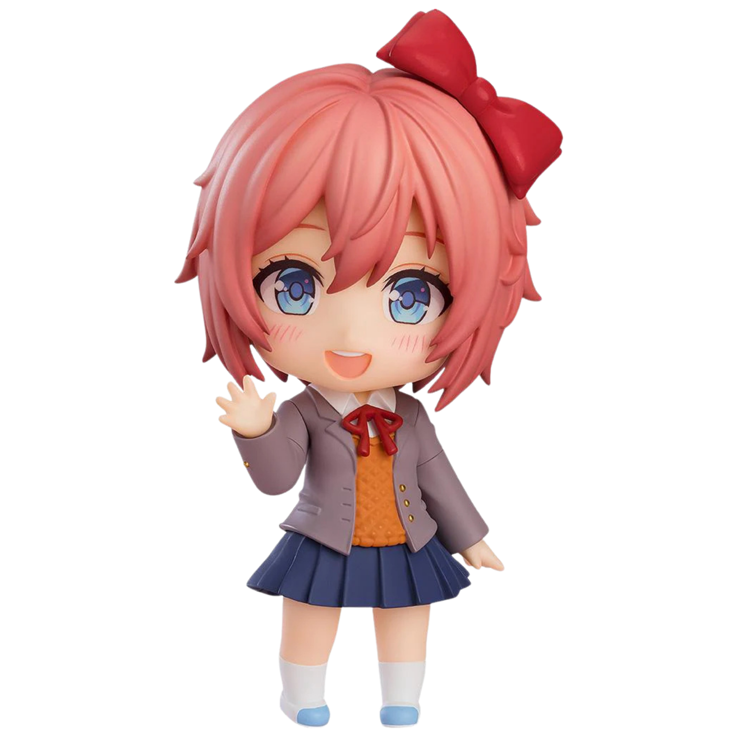 Anime character figurine with pink hair and a red bow on a white background