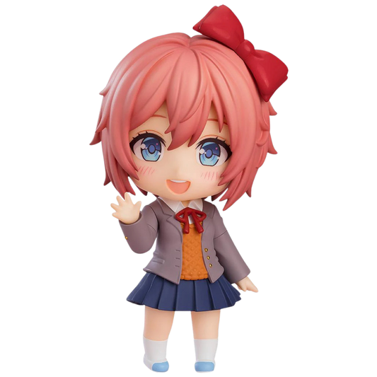 Anime character figurine with pink hair and a red bow on a white background