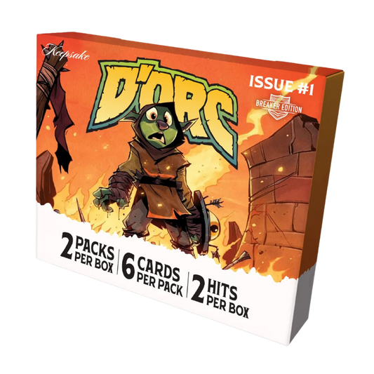 A boxed card product titled "D'Orc" with "Issue #1" and "Breaker Edition" text, shown at a slight angle on a plain white background. The box art features a cartoon goblin-like character in a brown robe against an orange fiery scene, with text indicating 2 packs per box, 6 cards per pack, and 2 hits per box.