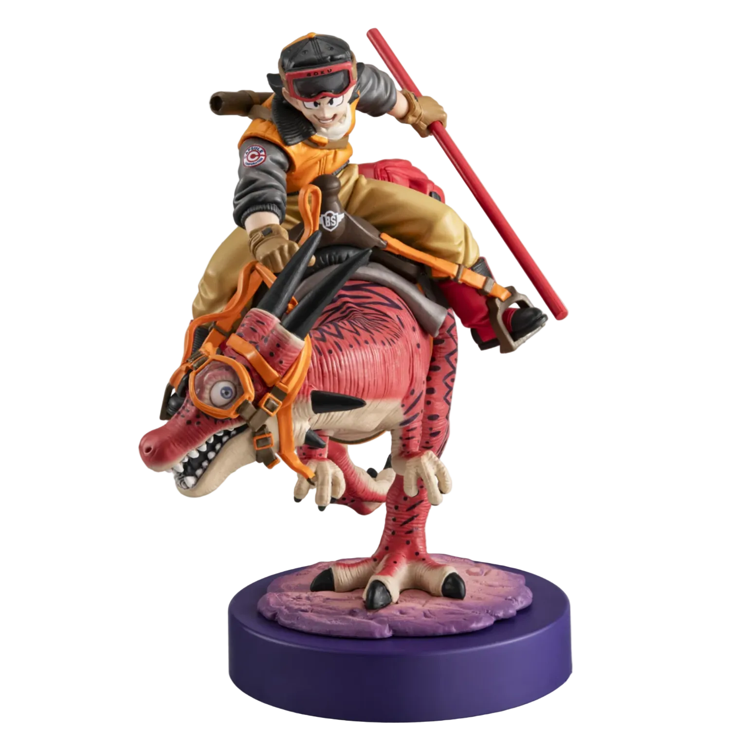 Figurine of a character riding a dinosaur-like creature on a white background