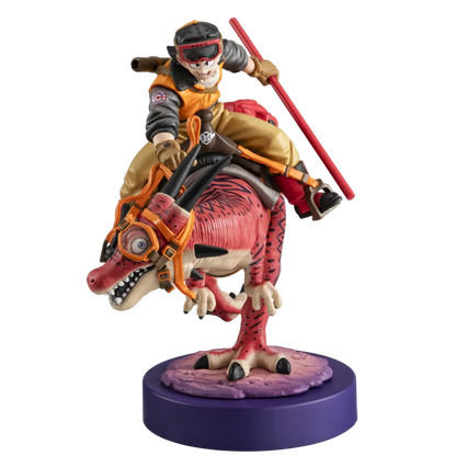 Figurine of a character riding a dinosaur-like creature on a white background