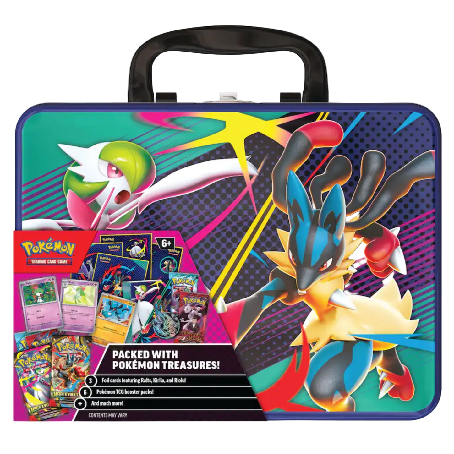 Pokémon trading card game tin with characters and cards on a colorful background