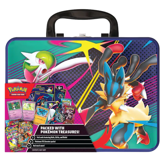 Pokémon trading card game tin with characters and cards on a colorful background