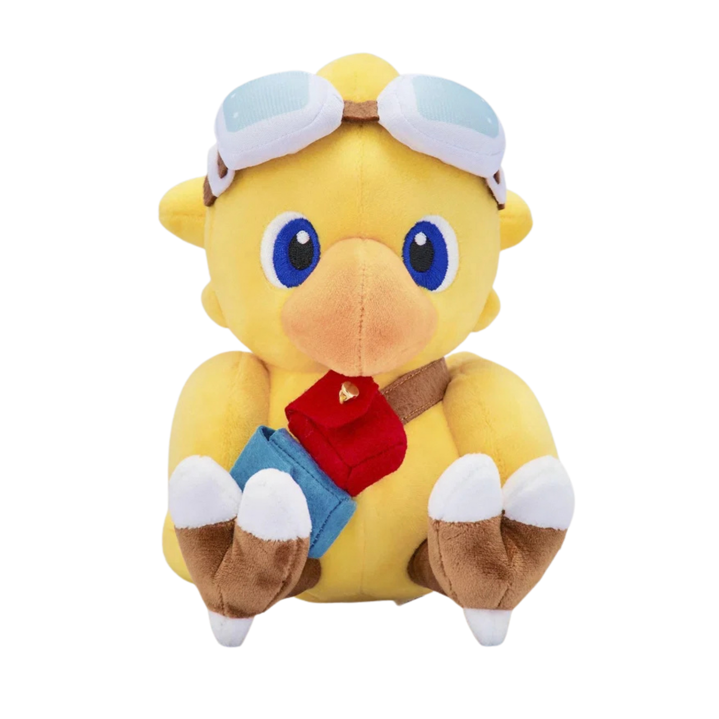 A yellow plush toy bird character wearing white goggles, a red backpack, and blue shorts, shown against a plain white background.