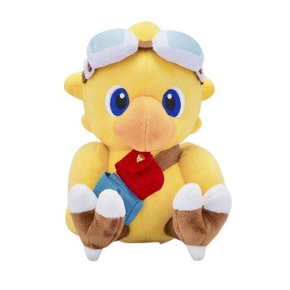 A yellow plush toy bird character wearing white goggles, a red backpack, and blue shorts, shown against a plain white background.
