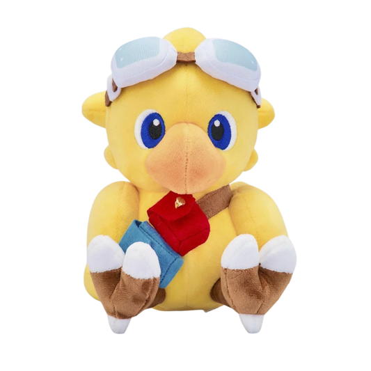 A yellow plush toy bird character wearing white goggles, a red backpack, and blue shorts, shown against a plain white background.