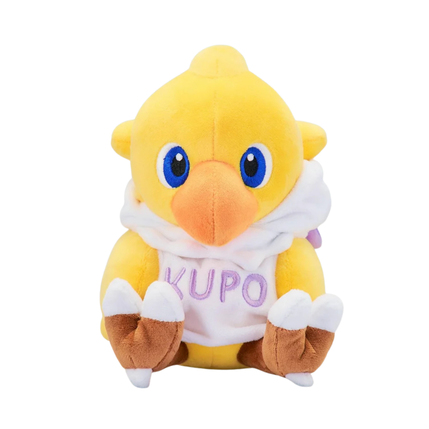 A yellow plush toy character with blue eyes, an orange beak, and a white scarf with the word 'KUPO' in purple, seated against a plain white background.