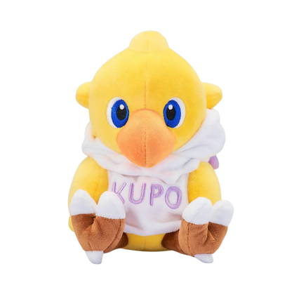 A yellow plush toy character with blue eyes, an orange beak, and a white scarf with the word 'KUPO' in purple, seated against a plain white background.