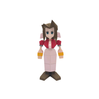 Toy figure of a character with brown hair and red outfit on a white background