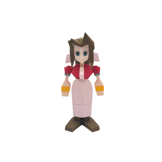 Toy figure of a character with brown hair and red outfit on a white background