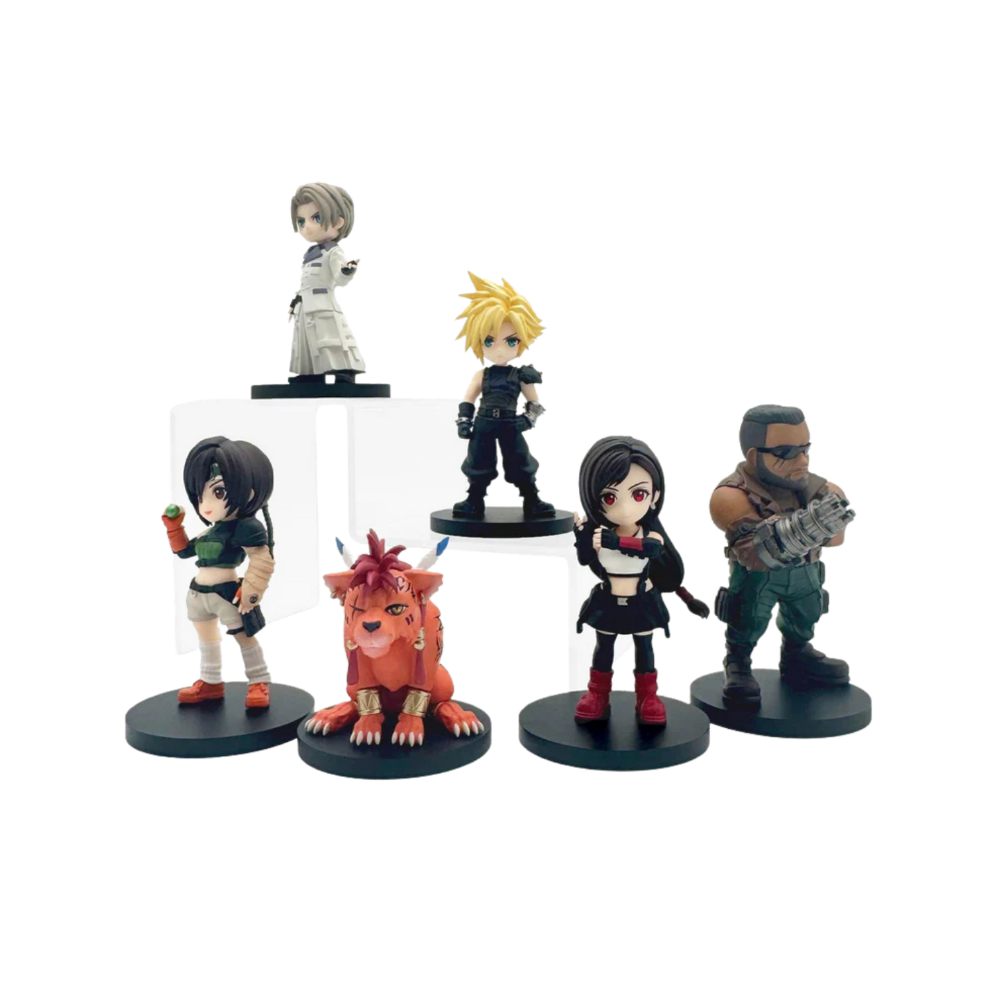 Set of six animated character figurines on a white background