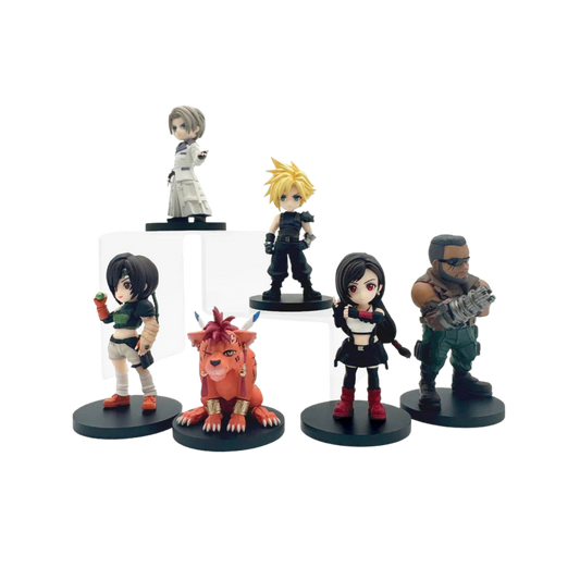 Set of six animated character figurines on a white background