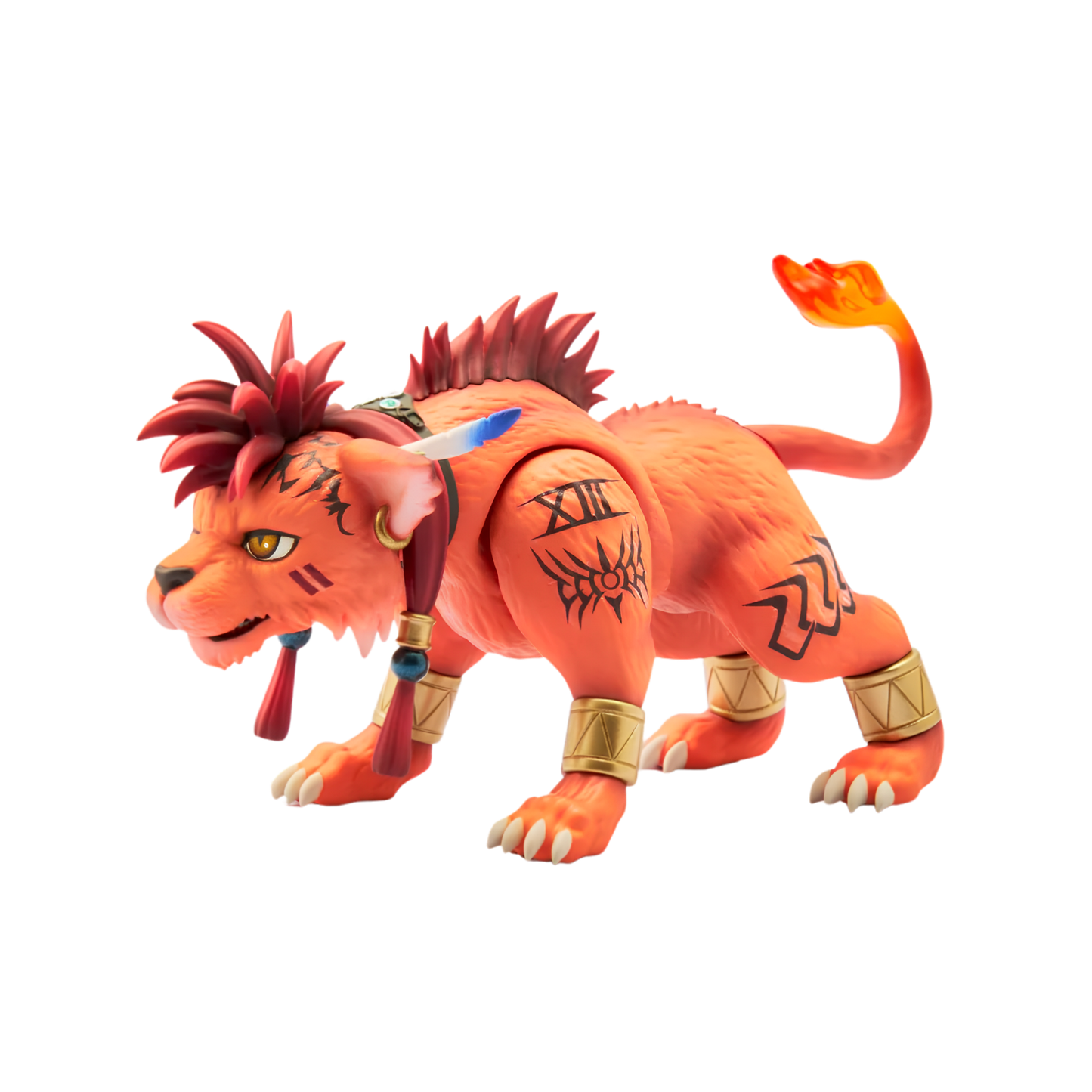 A collectible fantasy creature figurine resembling a stylized orange lion with red hair, black tribal tattoos, gold arm bands, and a flame-tipped tail, shown on a plain white background.