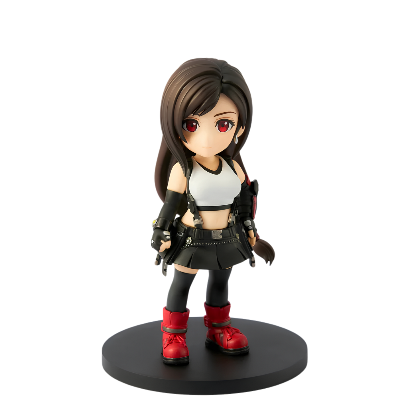A chibi-style collectible figurine of a female character with long dark brown hair, wearing a white crop top, black skirt and arm sleeves, and red boots, standing on a round black display base against a plain white background.