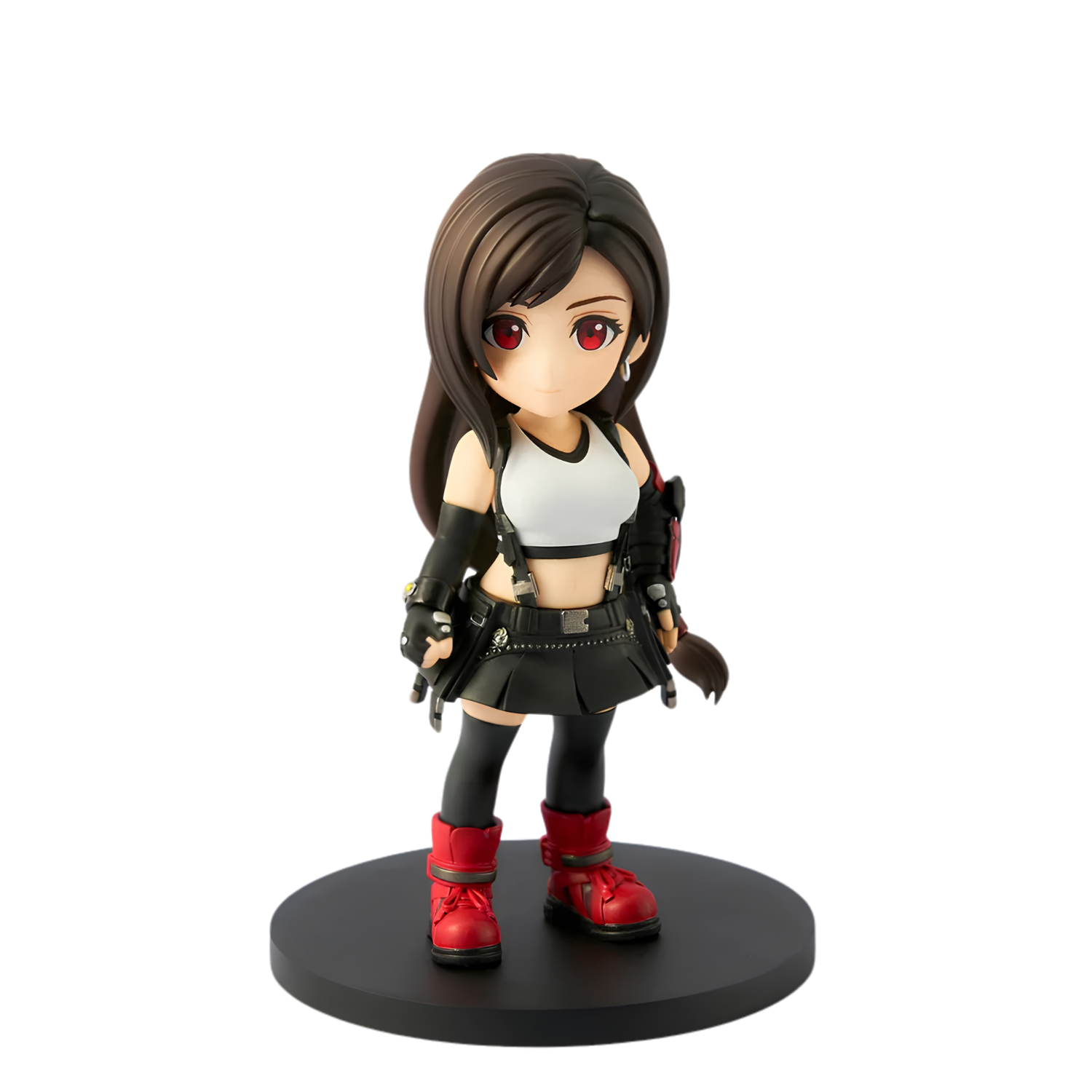 A chibi-style collectible figurine of a female character with long dark brown hair, wearing a white crop top, black skirt and arm sleeves, and red boots, standing on a round black display base against a plain white background.