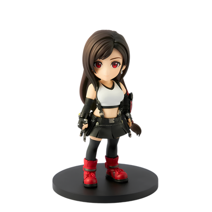 A chibi-style collectible figurine of a female character with long dark brown hair, wearing a white crop top, black skirt and arm sleeves, and red boots, standing on a round black display base against a plain white background.