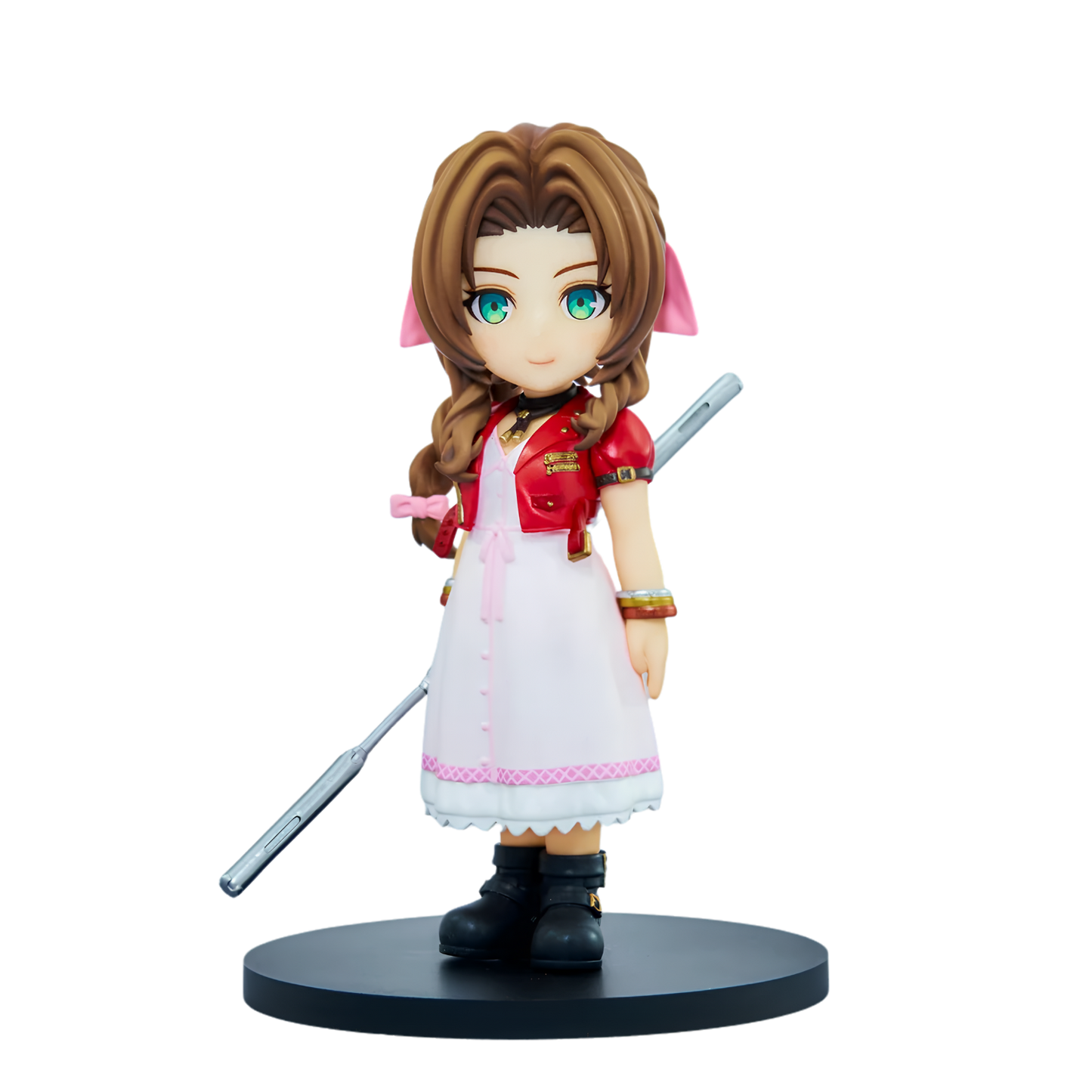A chibi-style collectible figurine of a female anime character with brown hair, green eyes, and pink cat-ear accents, wearing a red and white outfit and holding a sword, standing on a black circular base against a plain white background.