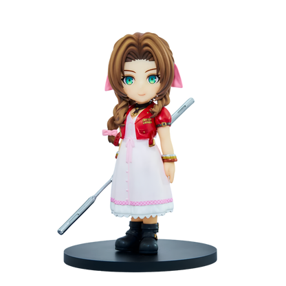 A chibi-style collectible figurine of a female anime character with brown hair, green eyes, and pink cat-ear accents, wearing a red and white outfit and holding a sword, standing on a black circular base against a plain white background.